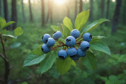 A close-up shot of a blueberry bush branch laden with ripe blueberries, bathed in the warm, golden light of the rising sun. The image captures the beauty of natures bounty, with the vibrant blue berries contrasting against the green leaves and the soft, hazy backdrop of a forest.