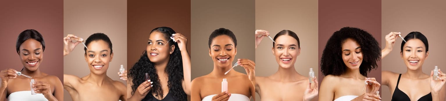 This image shows six diverse women applying facial serum to their skin. The women are all smiling and appear to be enjoying the process of applying the serum.