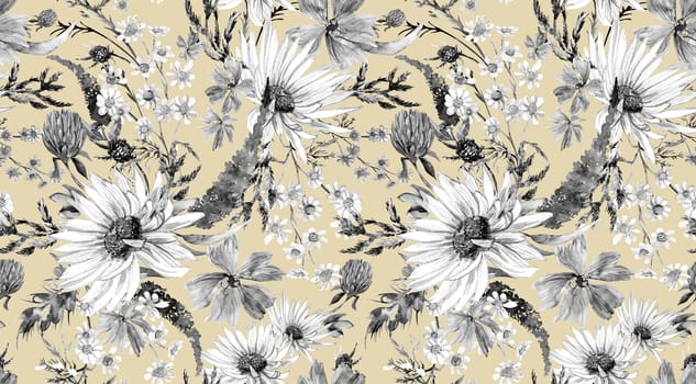 Seamless monochrome watercolor pattern with daisies and wildflowers drawn in watercolor