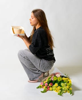 flowers girl cake dessert food cheerful event celebration woman holiday sweet birthday