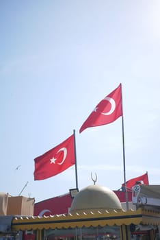 Low Angle View Of Turkish Flag Against Sky