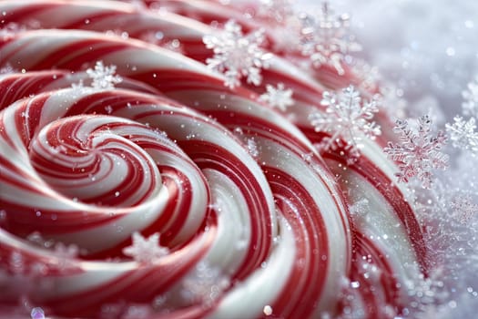 Close-up of Red and White Candy Cane with Geometric Snowflakes Falling Around It, Sweet Holiday Delight.