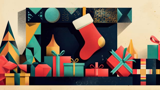 Festive Geometric Christmas Stocking Hanging on Mantel with Colorful Presents Spilling Out.