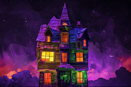 Mysterious Geometric Haunted House Illuminated by Glowing Window on Starry Night Sky Background.