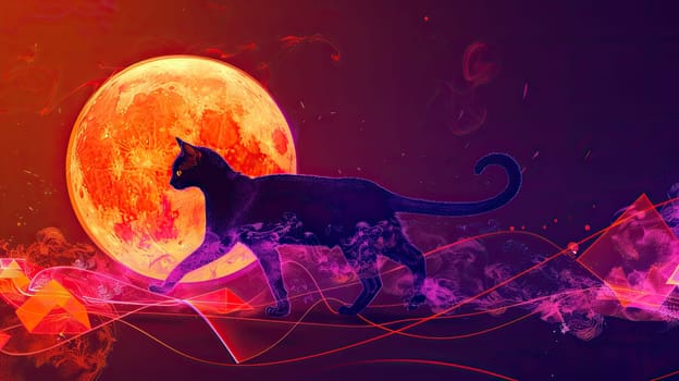 Mysterious Black Cat Walking Under Full Moon with Orange Triangle Path and Purple Smoke Tail.