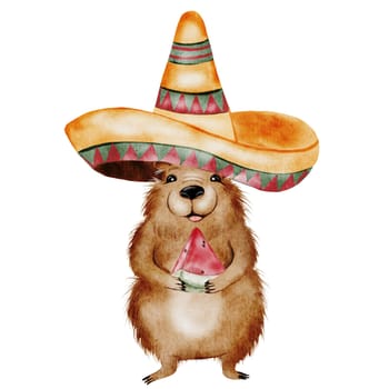 Capybara cartoon watercolor. A funny animal in a Mexican sombrero hat holds a piece of watermelon. Cute water pig hand drawing on isolated white background. Clip art of a friendly guinea pig. Ideal for stickers, posters and cards. High quality illustration