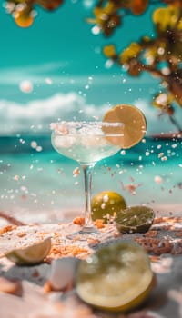 Margarita glass with lime slice and salt rim, splashing on sandy beach with ocean