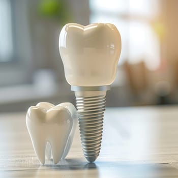 Dental implant model next to natural tooth on bright surface, illustrating dental options