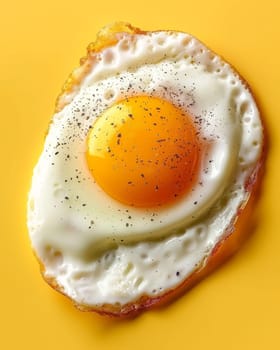 Crispy-edged fried egg sprinkled with black pepper, centered on bright yellow surface