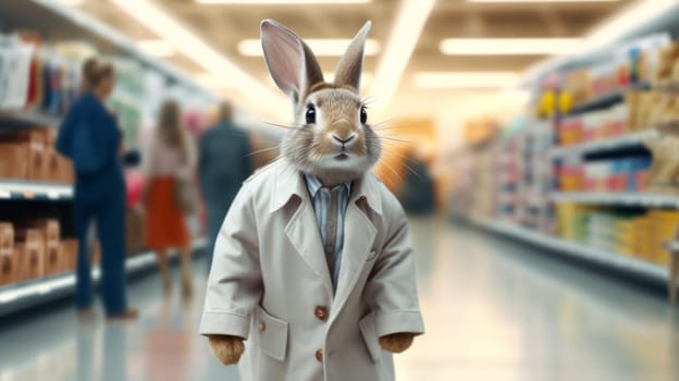 A rabbit in a trench coat standing in a store aisle.