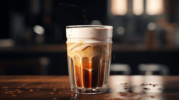 A glass of iced coffee sitting on top of a table.