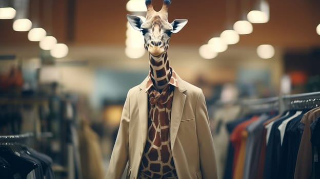 A giraffe wearing a coat and standing in a store.
