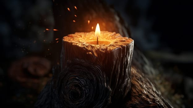 A Serene Candle Illuminating a Rustic Wooden Surface.