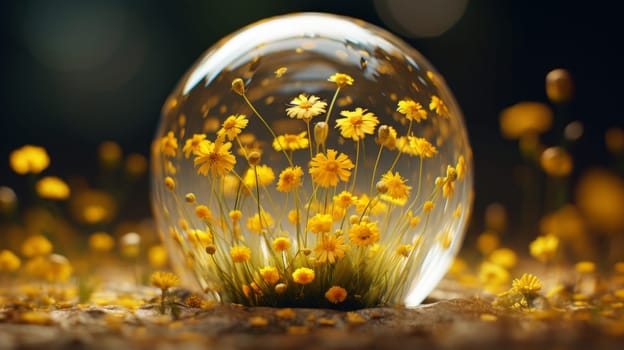Glass Ball Filled with Vibrant Yellow Flowers.