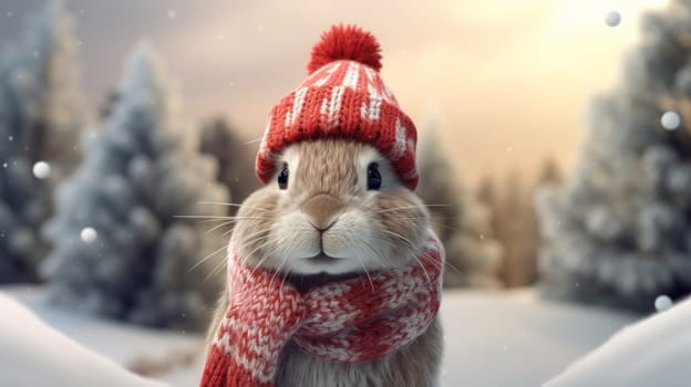 A rabbit wearing a red scarf and a red hat.