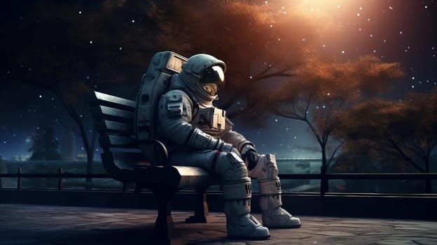 A Man in a Space Suit Sitting on a Bench.