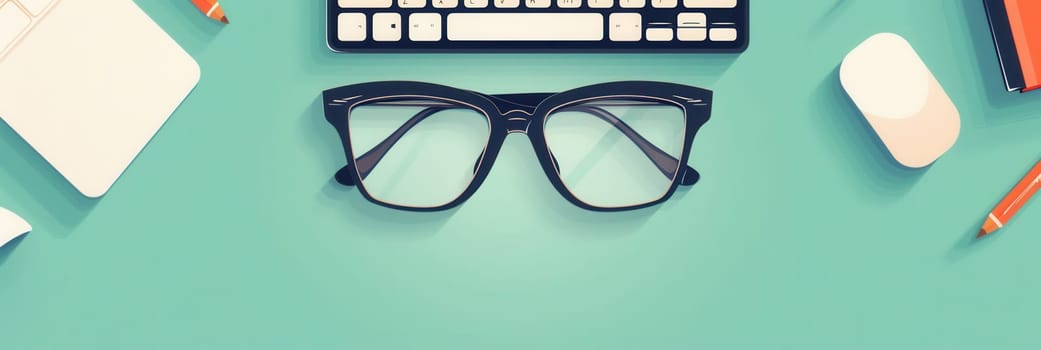 A pair of black eyeglasses sits on a clean, green desk. A keyboard and mouse are visible in the background, suggesting a workspace.