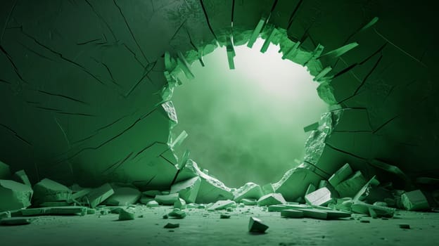 Illustration of a cracked green wall with a light hole in it.