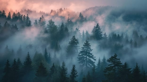 Misty Forest, A Serene Landscape Immersed in Fog With Abundant Trees.
