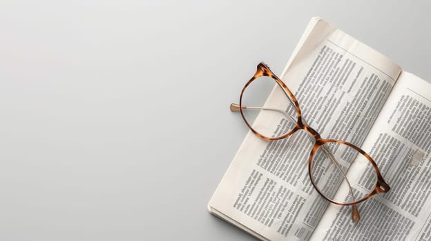 Eyeglasses lie on an open book, resting on a page filled with text. The background is a simple white surface.