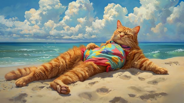 Cat Wearing Colorful Shirt Relaxing on Beach.