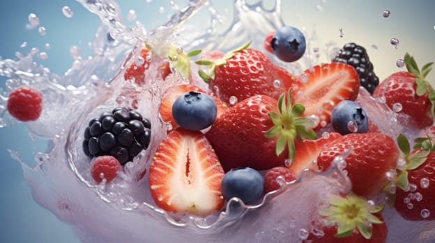 A bunch of fruit and berries is falling into the water.