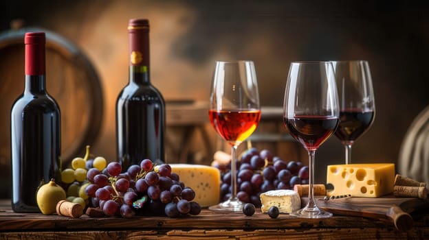 Two glasses of red wine, one full and one empty, stand on a wooden table next to two bottles of wine, cheese, and grapes.