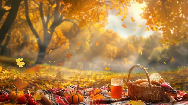 A cozy picnic blanket with a basket of food and drinks is set up in a forest, surrounded by vibrant golden leaves falling from the trees.