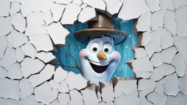 Cartoon Character Breaking Through a Cracked Wall.