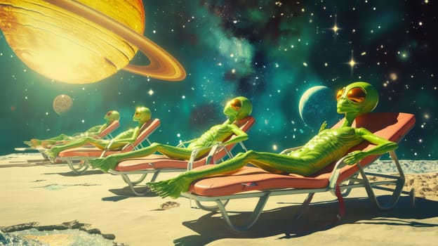 Group of Green Aliens Relaxing in Lawn Chairs in Front of Planet.