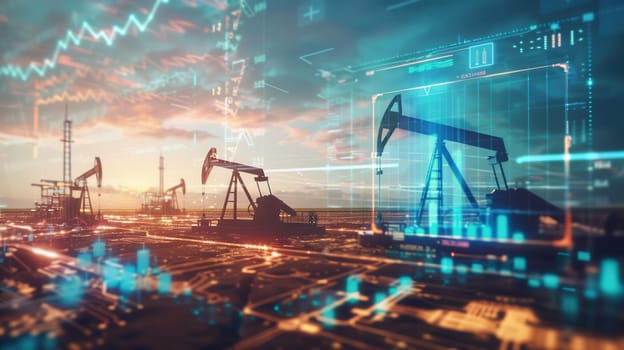 Oil pumps stand against a sunset backdrop, with financial charts displayed on digital screens, showing the link between oil production and market changes
