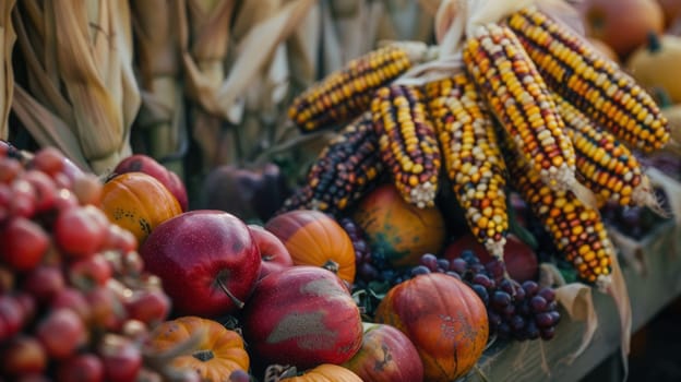 A close-up view of an autumn harvest, showcasing vibrant corn, pumpkins, and apples, arranged together in a field.