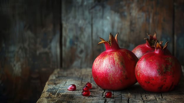 Three ripe pomegranates with seeds sit on a rustic wooden surface. The pomegranates are red and juicy, and the seeds are scattered around.