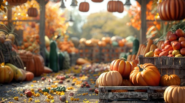 A farmers market stall overflowing with pumpkins, fall vegetables, and fruits.
