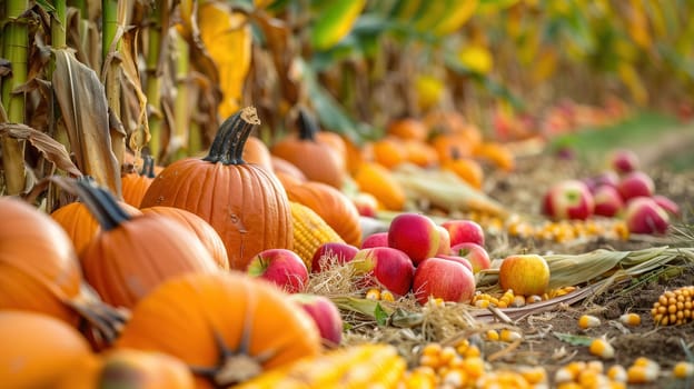 Pumpkins, apples, and corn lie scattered on the ground in a field after harvest.