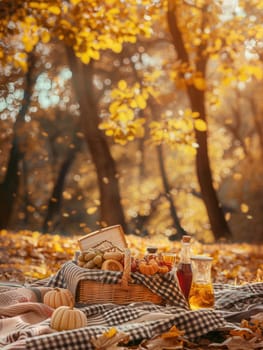 An autumn picnic set against a backdrop of golden trees with a blanket, basket of food and drinks.