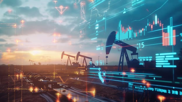 Oil rigs stand silhouetted against a fiery sunset, overlaid with a digital screen displaying financial charts and data, indicating the rising cost of gasoline.