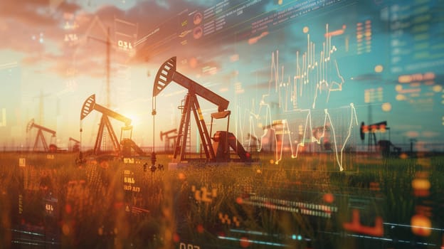 Oil pumpjacks stand in a field at sunset, their silhouettes highlighted by a digital overlay of financial charts, linking oil production to market changes