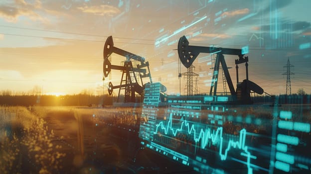 Silhouettes of oil pumps at sunset with digital financial graphs superimposed on the scene.