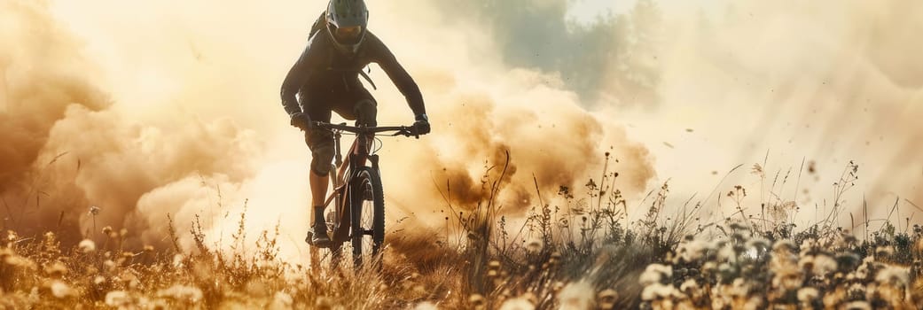 A professional cyclist navigates a dusty trail on an enduro bike, creating a cloud of dust as they ride through the grassy terrain.
