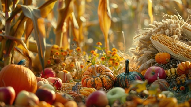 A bountiful autumn harvest with corn, pumpkins, apples, and other fall crops scattered across a rural field.