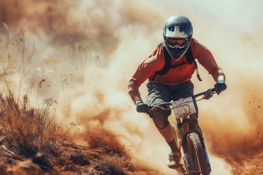 A professional cyclist races down a dusty trail on an enduro bike, kicking up a cloud of dust.