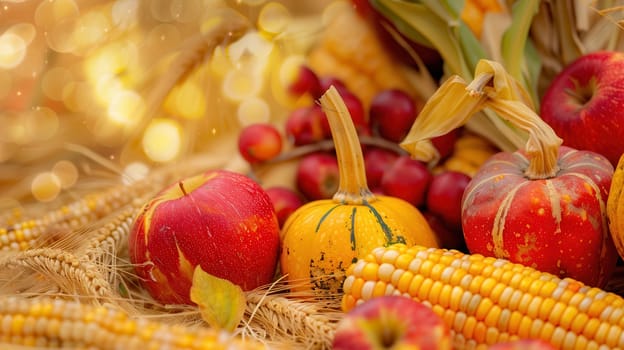A close-up view of a bountiful autumn harvest, featuring red apples, yellow and red pumpkins, and a stalk of golden corn.