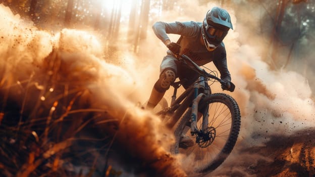A professional cyclist rides an enduro trail bike on a dusty terrain, kicking up a cloud of dirt as the sun shines through the trees.