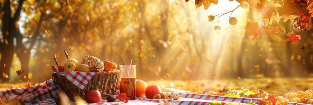 A picnic blanket is laid out in the woods, with a basket of food and drinks. Autumn leaves fall from the golden trees.