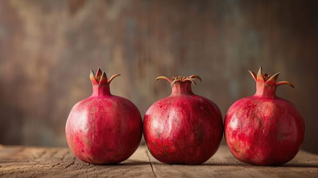 Three ripe pomegranates sit on a rustic wooden surface, their red skins glistening.