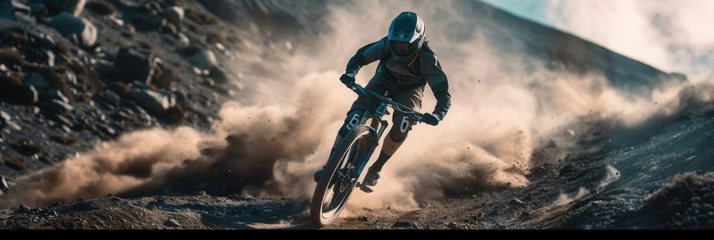 A professional cyclist rides an enduro trail bike on dusty terrain, kicking up a cloud of dirt as they navigate a rocky trail.