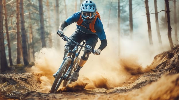 A professional cyclist navigates a dusty trail on an enduro bike.