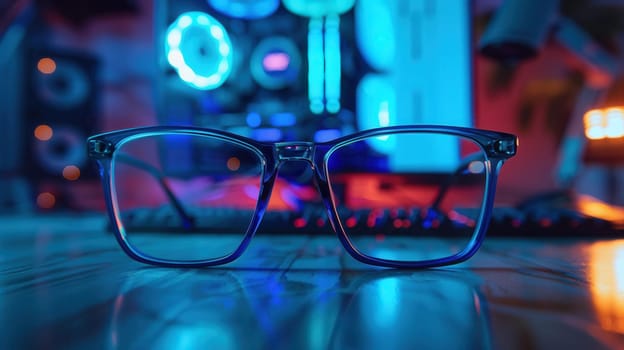 Blue light glasses rest on a desk in front of a computer monitor, reflecting the blue light from the screen.