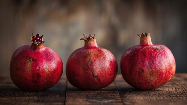 Three ripe pomegranates with visible seeds sit on a rustic wooden surface.